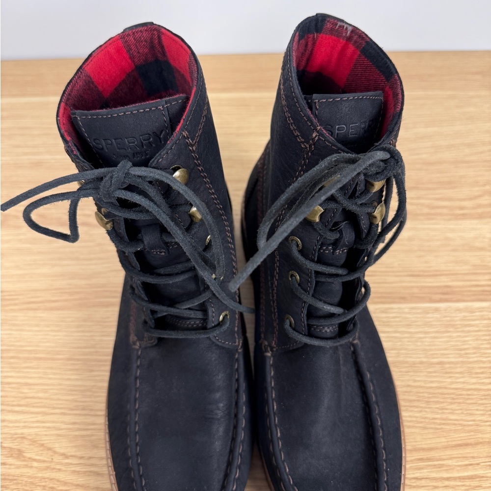 Sperry Women’s A/O Lug Chukka Ankle Boots Black Lace-Up Red Plaid Lining - Picture 5 of 7